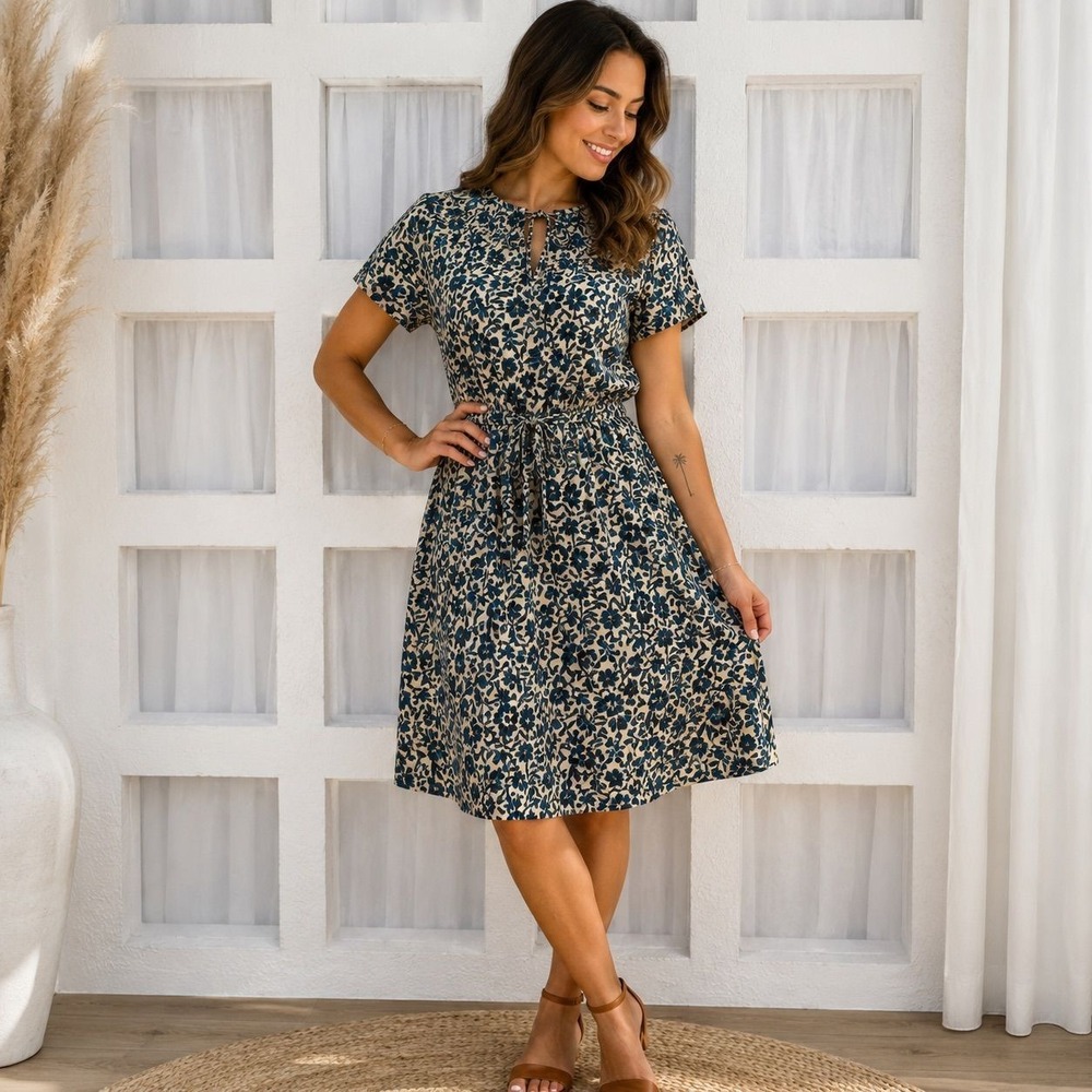 LOFT Floral Tie Waist A-Line Dress Petite Short Sleeve Keyhole Neck